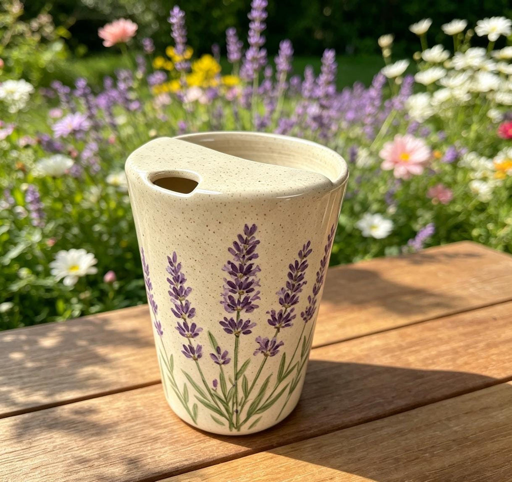 Lavender Ceramic Travel Mug with Spout – Handmade Floral Coffee Tumbler, Leak-Free Sip Cup, Gift for Her