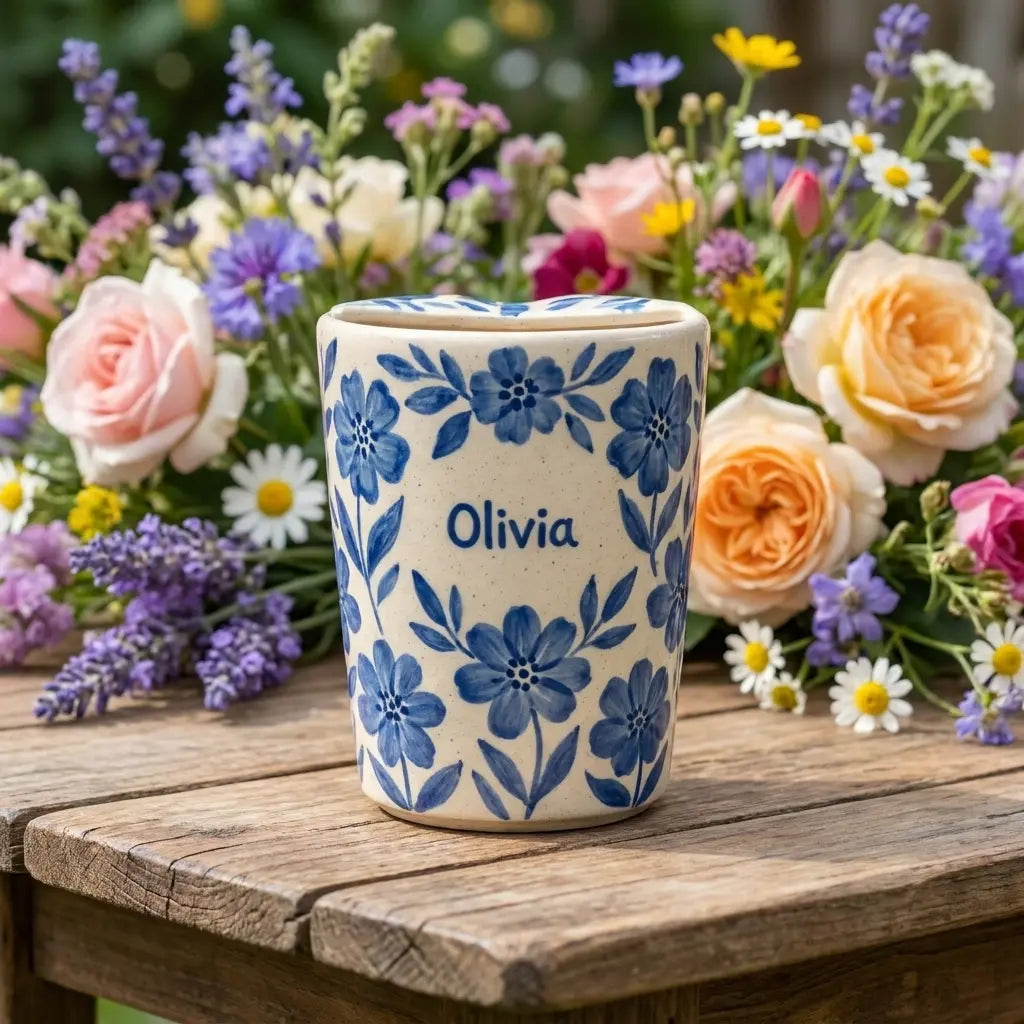 Personalized Blue Floral Ceramic Mug | Custom Name Coffee & Tea Cup Siporia